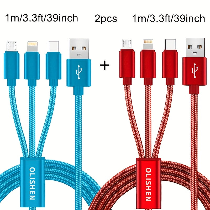 2pcs 3-in-1 Fast Charging Cable | Durable Nylon Braided, Compatible with iPhone, Samsung, Xiaomi, Oppo, Vivo, Redmi, OnePlus & More, Supports USB Charging, 10W Output Power