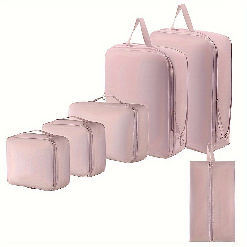 Ensemble minimaliste de 6 cubes de compression en polyester durable, idéal pour organiser vêtements et articles de toilette dans les bagages.