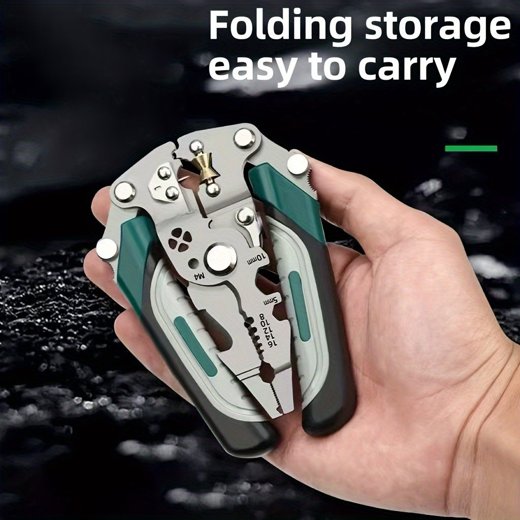 Pince à Dénuder Pliable 9-en-1 : Acier chrome-vanadium, usage industriel, compacte, fonctions : dénuder, sertir, couper, visser, tirer clous et plus.