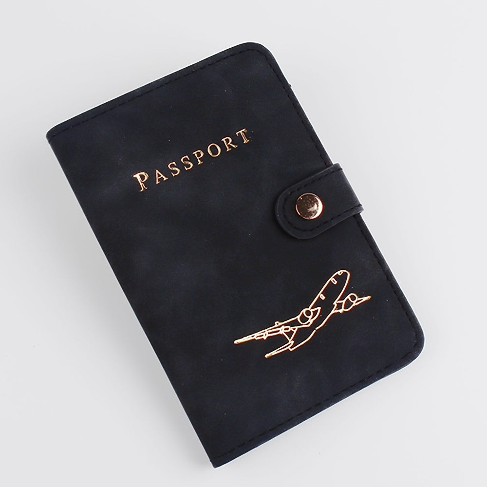 Porte-passeport en simili cuir élégant Résistant, multiple emplacements cartes, bords cousus, design avion doré, parfait pour étudiants, couples et voyageurs.