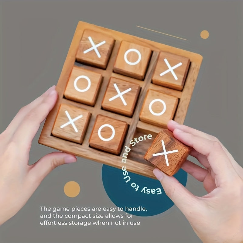 Jeu classique XO en bois, 9 blocs et plateau, idéal soirées familiales et décoration, parfait pour salon et cadeaux de fêtes.
