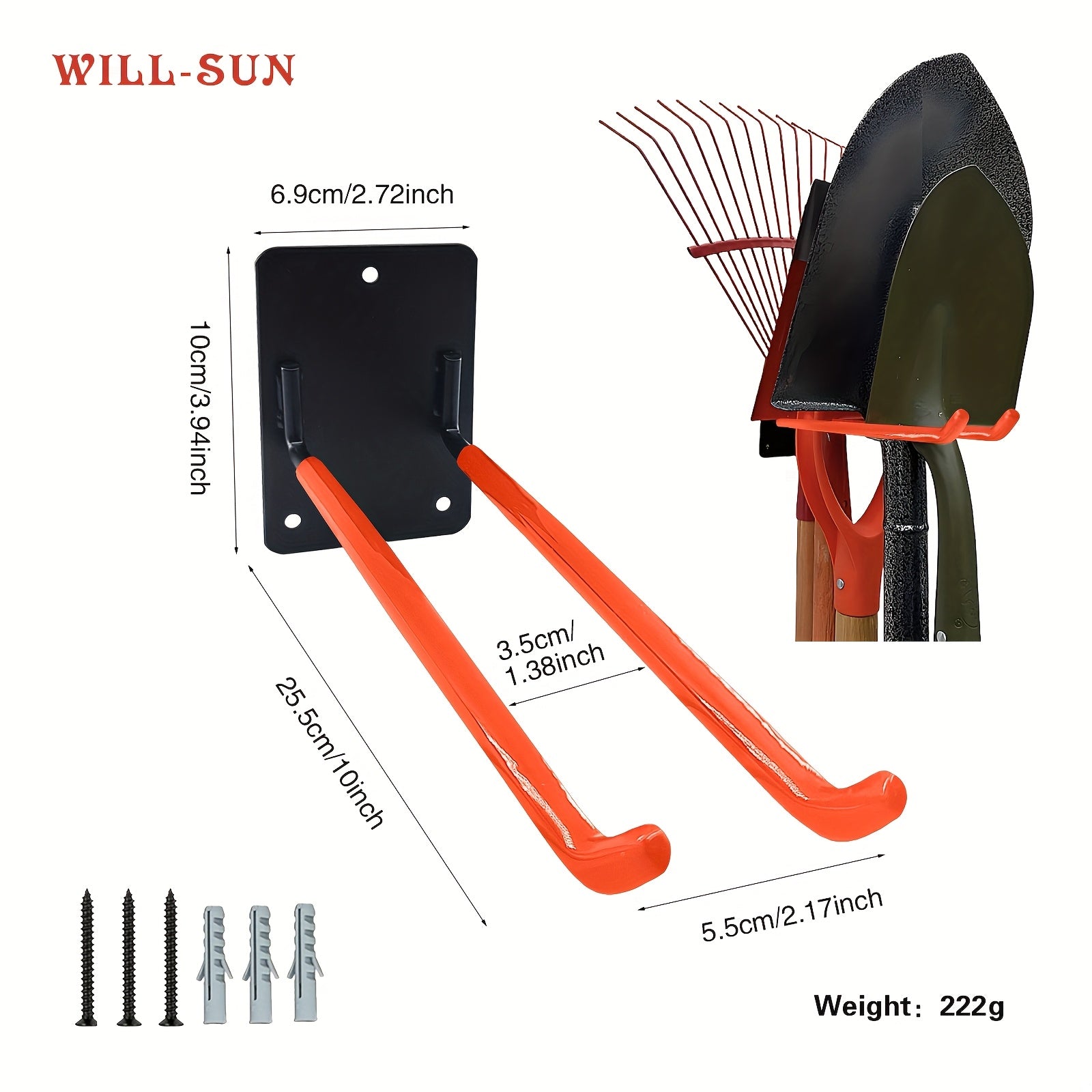 خطاف جراج معدني ثقيل برتقالي/أسود/أزرق، حامل مكنسة مثبت على الحائط، رف تعليق لأدوات البستنة، سهل التركيب، يمكنه حمل المجارف وأدوات المزرعة والحبال والسلالم وأدوات كهربائية مختلفة، مناسب للجراجات والحدائق والمساحيق