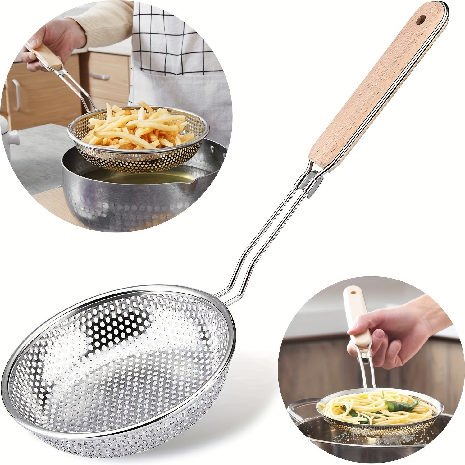 Premium Stainless Steel Colander with Wooden Handle - Fine Mesh Skimmer Spoon for Cooking, Food Prep &amp; Grease Filtering - Ideal for Pasta &amp; Noodles, Perfect for Home Kitchens &amp; Restaurants