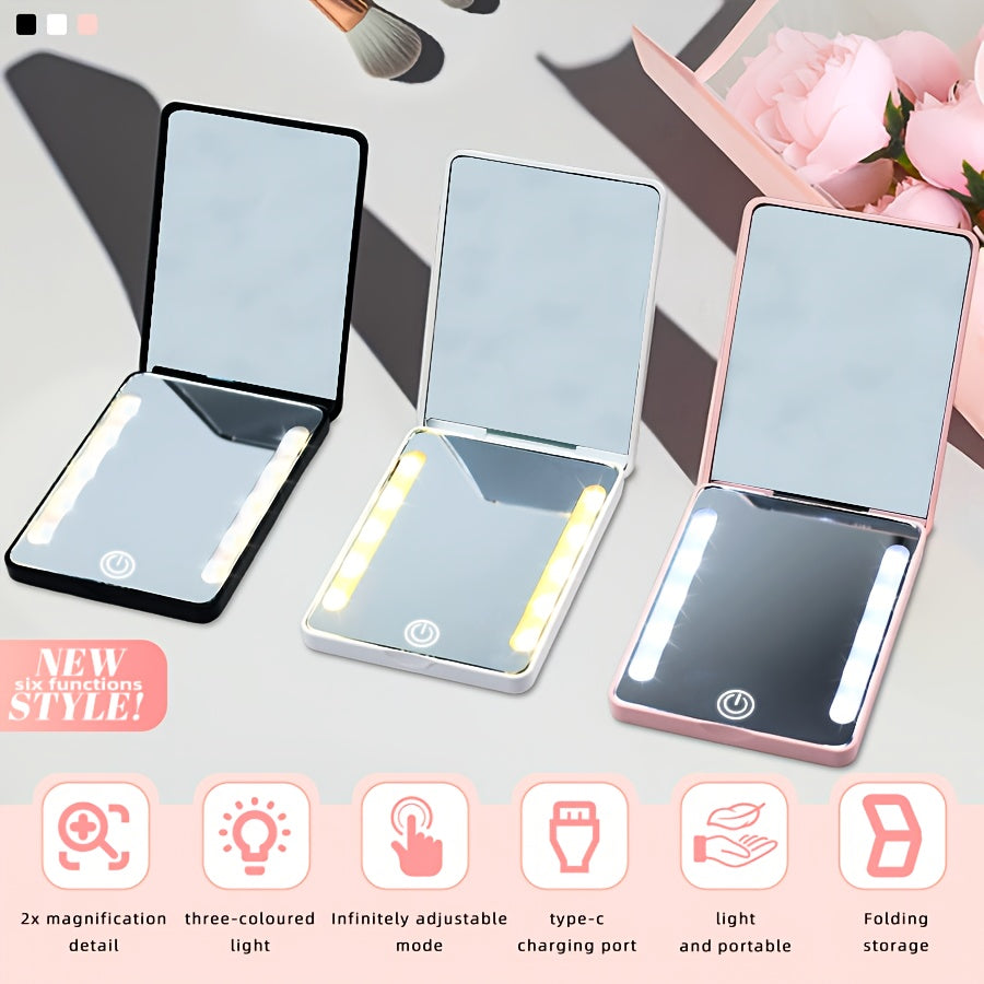 Mini Ultra-Thin LED Pocket Mirror with 2X Magnification &amp; 3-Color (/Daylight/Warm Glow) - Portable Makeup Mirror for Women &amp;, Smart Dimmer Control, Compact Gift for On-the-Go Beauty