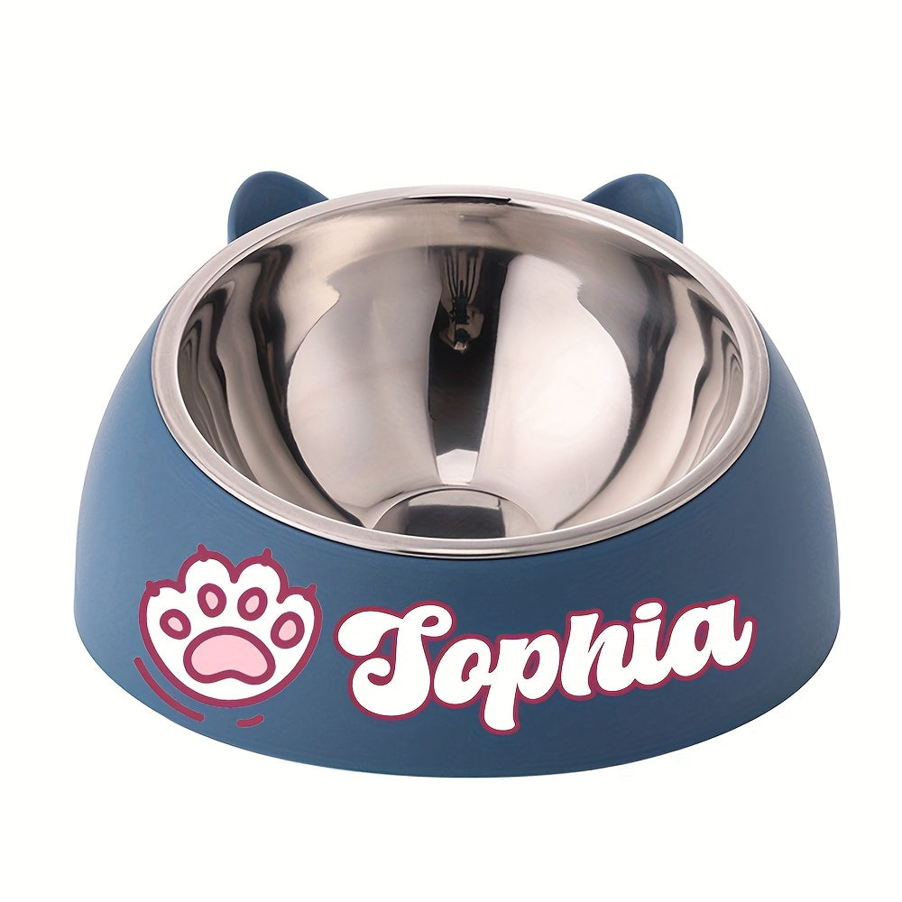Bol incliné personnalisé en acier inoxydable pour chats et chiens, protège le cou, gravure possible, durable, accessoire repas idéal pour animaux.