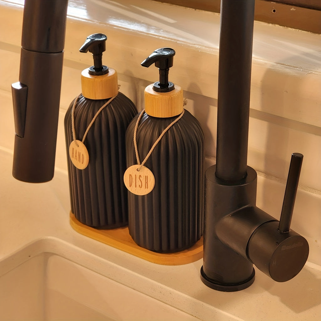 5pcs Modern Black Dish &amp; Hand Soap Dispenser Set - Heavy-Duty Plastic Countertop/Poorly- Counter Compatible Soap System (No Nickel-Free reservoir), Hygienic One-Touch &amp; Sink Area - Space-Saving Storage Containers for