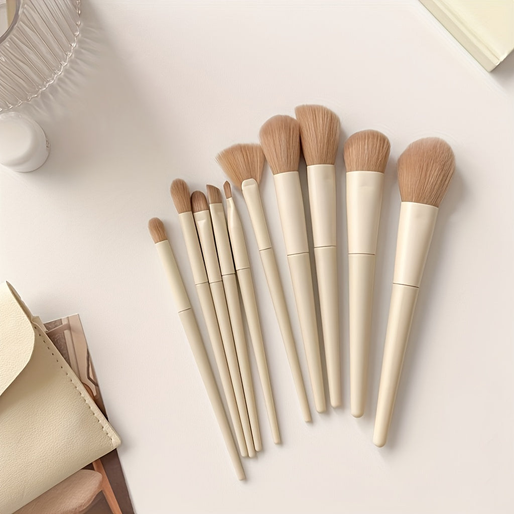 Set de 10 pinceaux maquillage avec étui cuir, poils doux hypoallergéniques, pour poudre, fond de teint, blush, yeux et highlighter, voyage pratique.