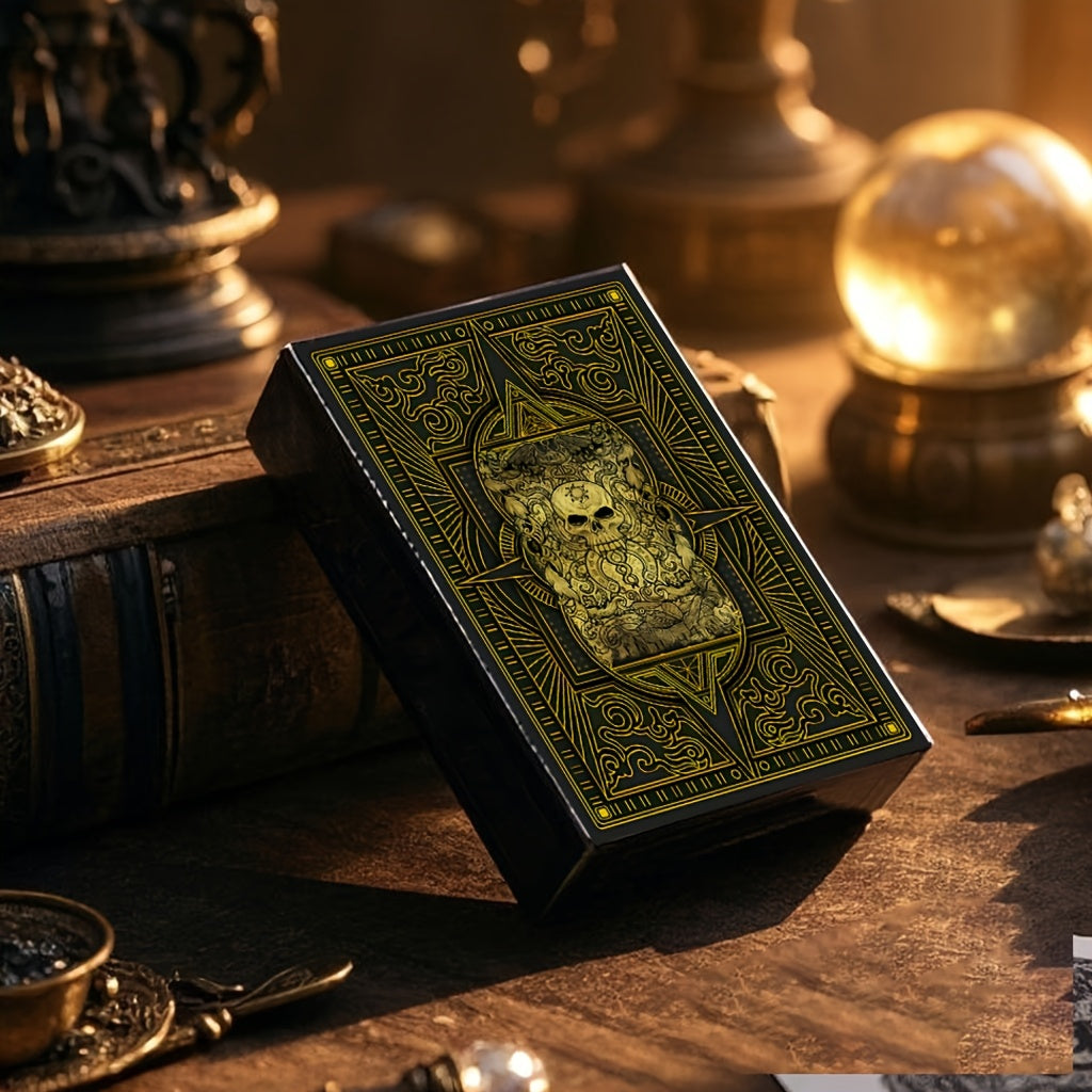 Cartes de poker vintage thème pirate STRUBLFE, double face antidérapantes, embossage quatre couches, design crâne et géométrique, accents dorés, idéal soirées familiales et jeux.