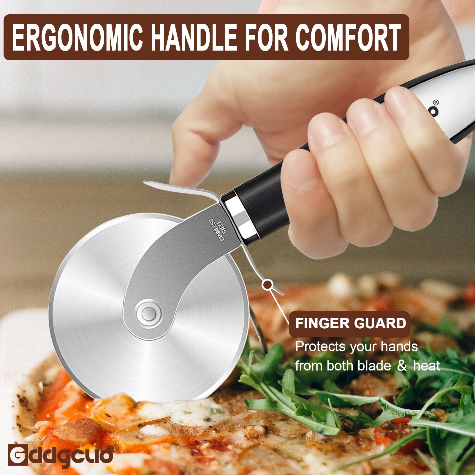Coupe-pizza en acier inoxydable 430, durable, poignée antidérapante, découpe uniforme, outil de cuisson ergonomique pour usage maison ou professionnel.