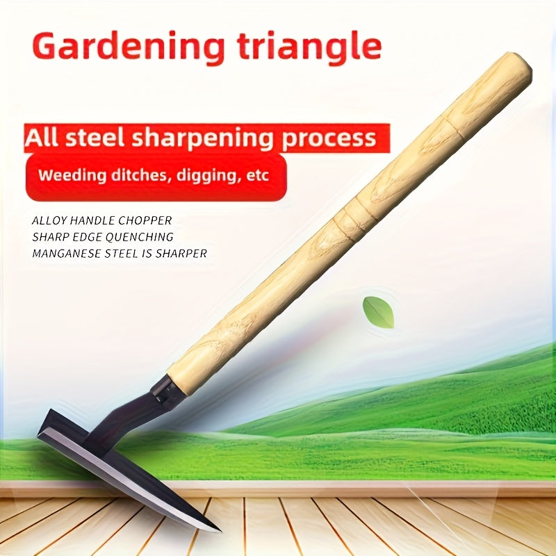 Mini houe triangulaire polyvalente, compacte et pratique, idéale pour entretien de pelouses, plantations de fleurs et légumes en milieu urbain.