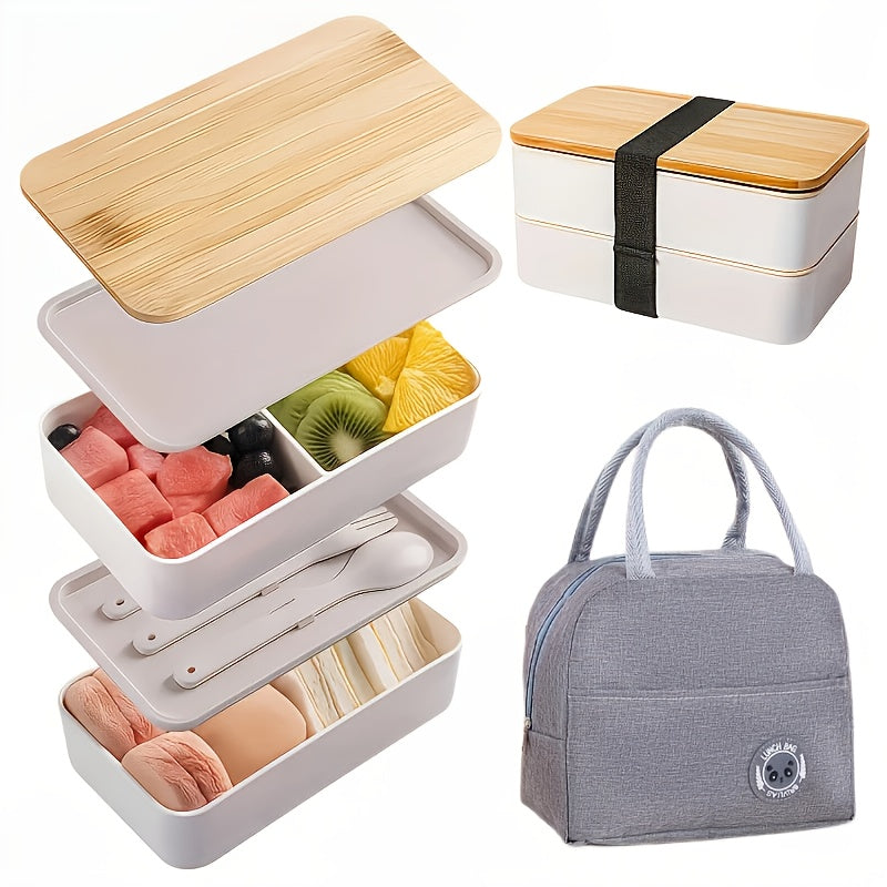 Japanese-Style Bento Box with Insulated Bag &amp; Bamboo Lid - Microwave-Safe Large Lunch Box, Multi-Compartment PP/Wood Meal Container for, Office, Travel - Portable Japanese Lunch Tote with Dividers (No Leak)