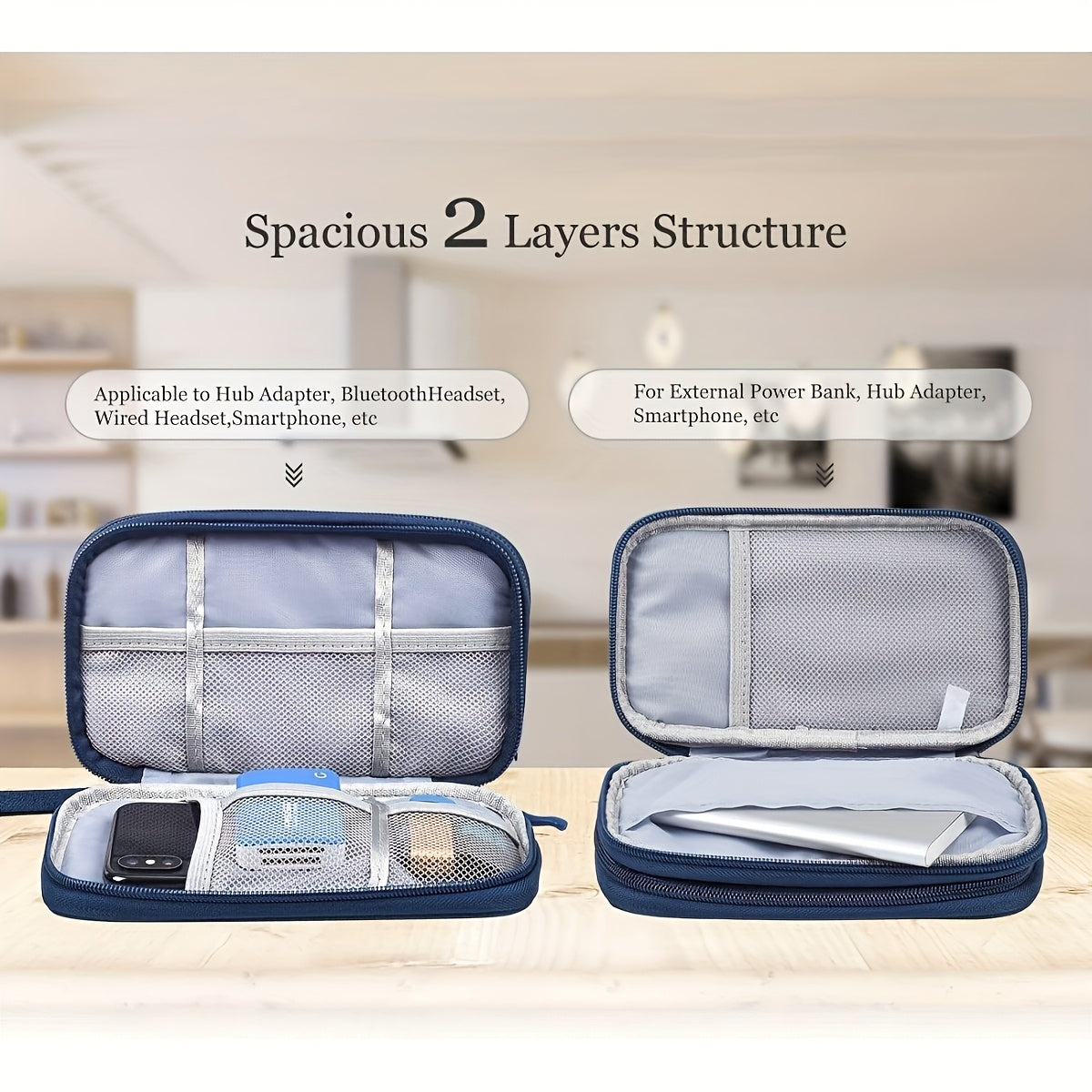 Organisateur de rangement en polyester durable, portable, plusieurs compartiments pour câbles, chargeurs et petits accessoires, compact pour voyage, lavable à la main.