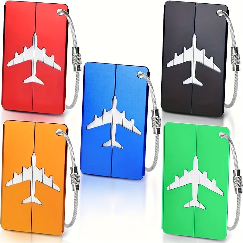 Lot de 5 étiquettes bagages en aluminium, étanches et légères, boucle acier inoxydable, design minimaliste, parfait pour voyages.