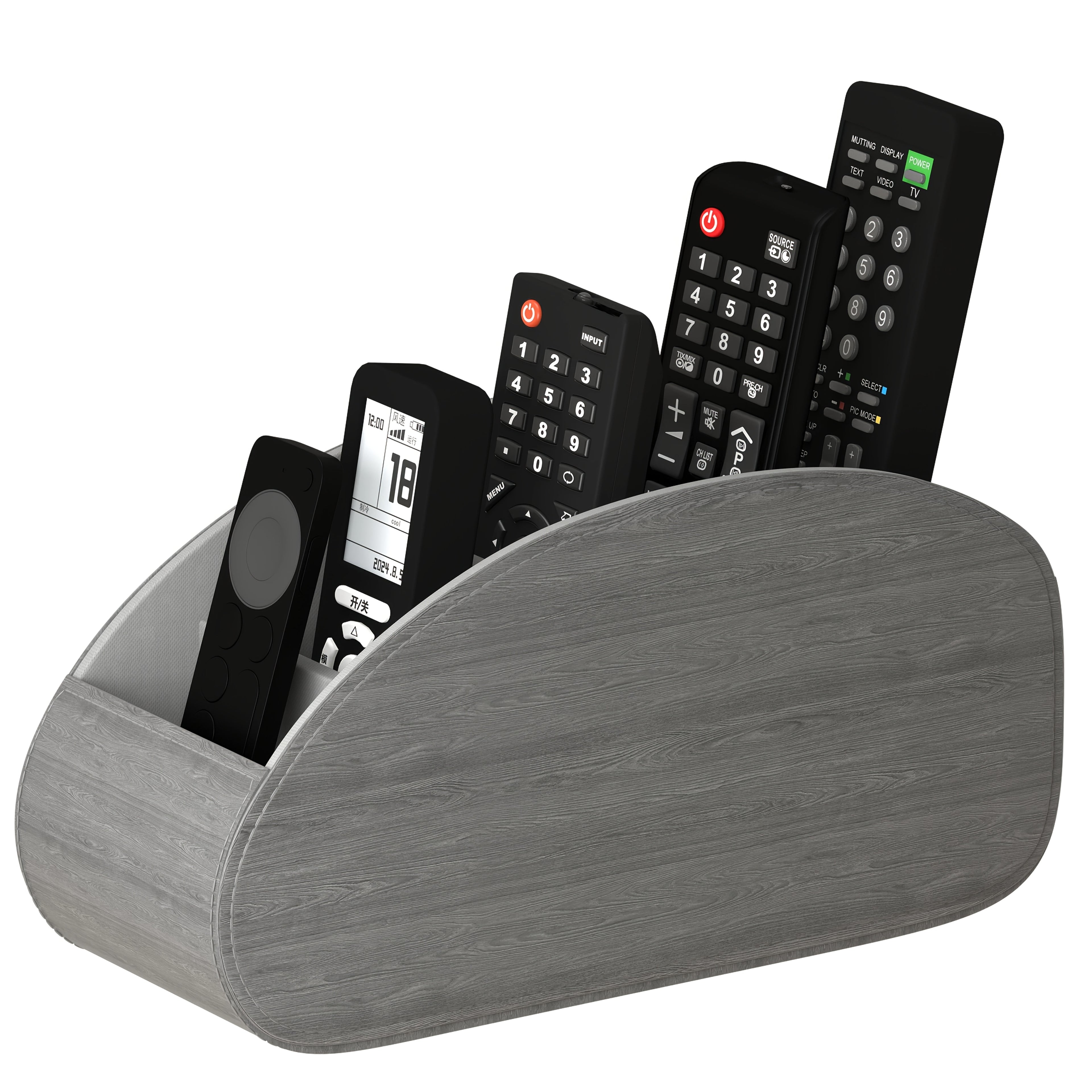 Organisateur pour télécommandes avec 5 compartiments, compatible TV et box, plateau gain de place pour salon, bureau ou chambre, rangement pratique pour accessoires.