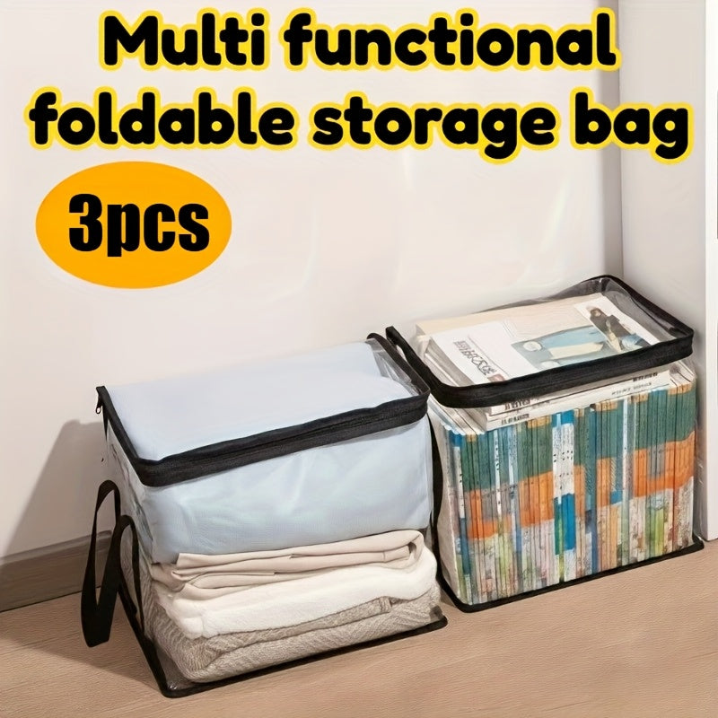 Lot de 3 boîtes de rangement transparentes avec couvercle rabattable, grandes et rectangulaires, empilables, pour livres, vêtements ou bureau, plastique durable.