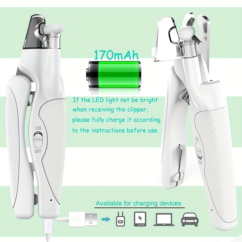 Coupe-ongles LED pour animaux avec chargement USB. Ciseaux pour chats et chiens, avec lime et protection anti-éclaboussures.