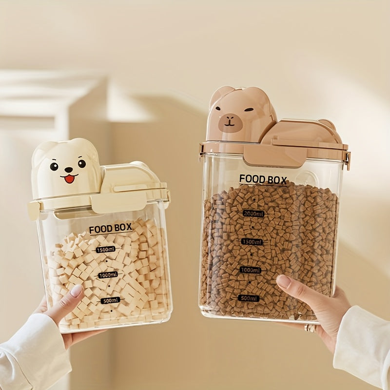 Seau hermétique pour nourriture de chien 2–2,8 L, plastique transparent, portable, idéal pour stocker croquettes et friandises en voyage.