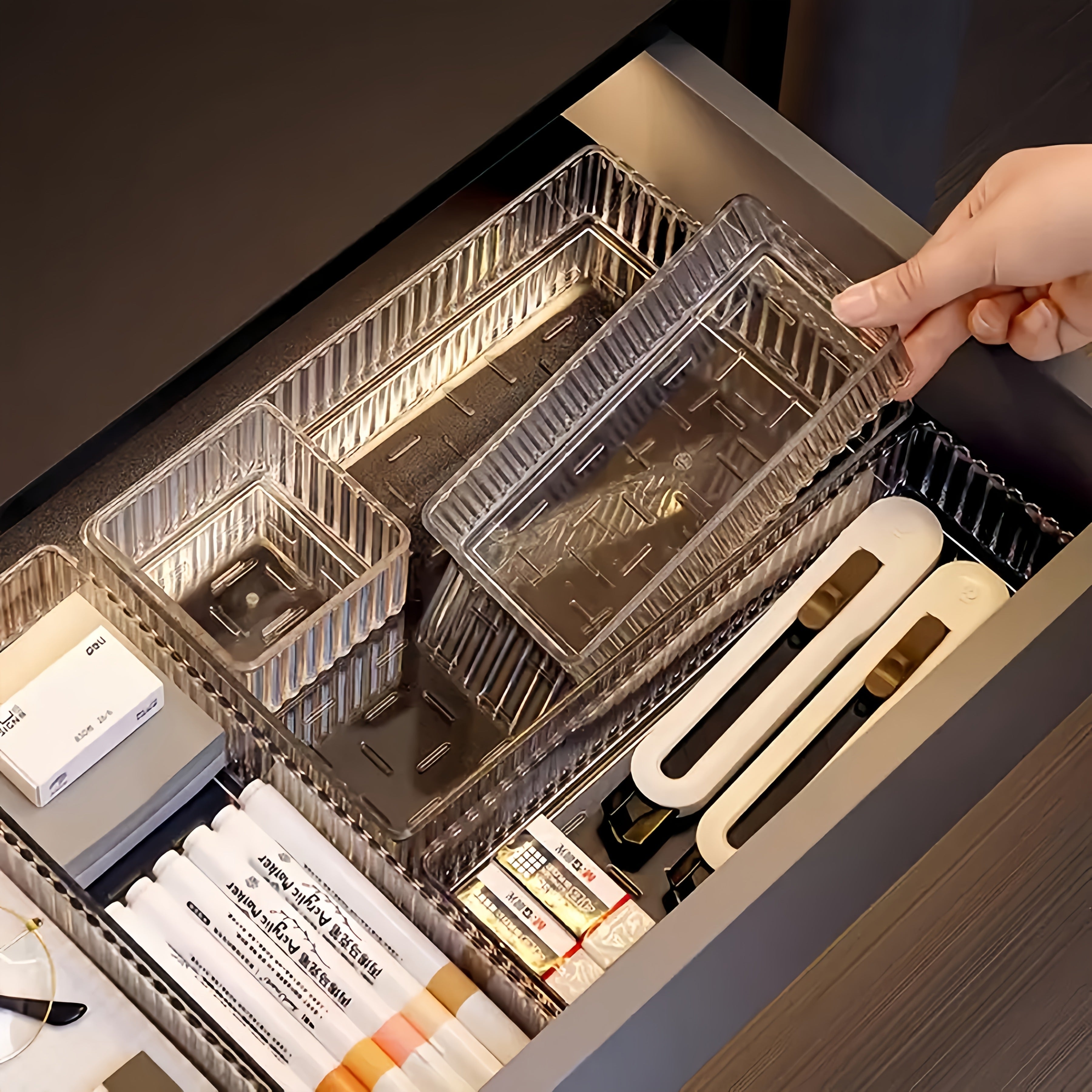 5-/6-/7-/10-/12pcs Transparent Striped Acrylic Desktop Box Drawer Organizer Set, Lipstick Cosmetic Storage Case for Various Scenarios and Home Organization, Desk &amp; Drawer Organizer for Home Storage, Desk Drawer, Desk Organiza