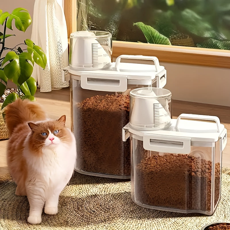 1pc Airtight Pet Food Dispenser Container with Measuring Scoop - Transparent Window, Leakproof & Moisture-Proof, Cute, for Dogs, Cats, Kibble, Wet Food - Countertop or Cabinet Storage Organizer, Modern Kitchen Accessory, Dura