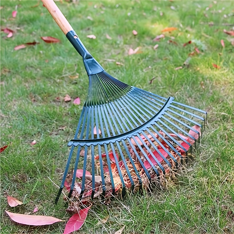 Râteau à feuilles en métal robuste, cadre en fil d’acier durable, poignée ergonomique, parfait pour entretenir pelouse, jardin et enlever feuilles et débris.