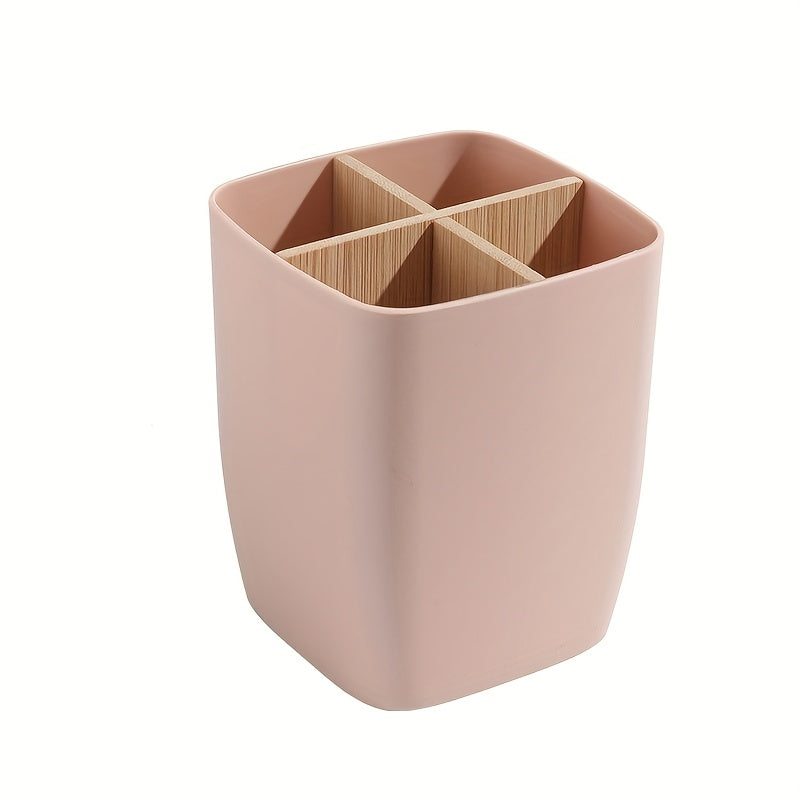 1pc Bamboo-Like Plastic Desk Organizer with Pen Holder &amp; Jewelry Storage - 3/4 Compartment Standalone Multi-Purpose Box for Office, Bathroom, Bedroom - Storage Shelf for Earrings, Rings, Makeup, Small Items (Low, Desk &amp; Drawe