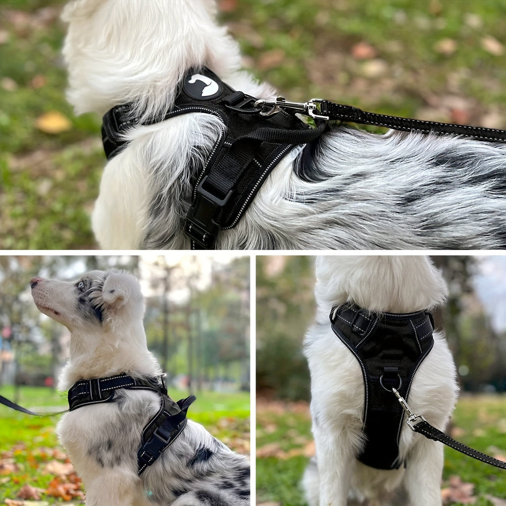 Harnais pour chien réfléchissant, sans étranglement. Avec clips avant/arrière, poignée de contrôle pour entraînement et promenades, rembourré et confortable.