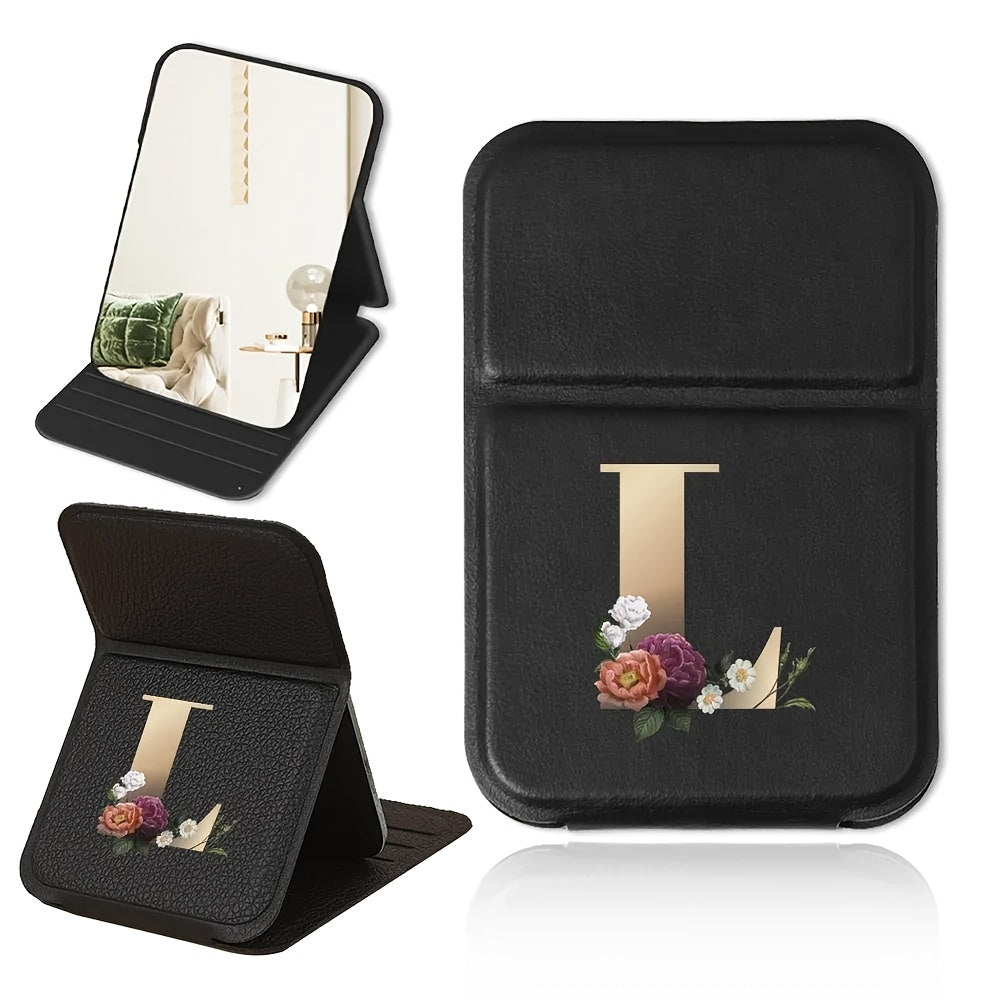 Miroir de maquillage pliable portable, design floral noir et doré, léger, étanche et anti-poussière, parfait cadeau pour enseignants et proches.