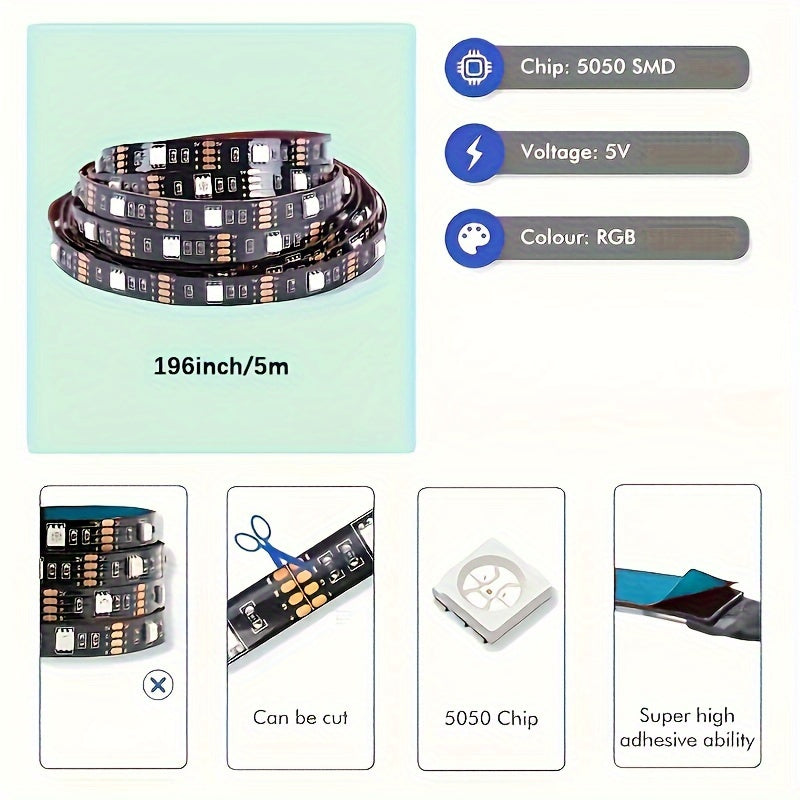 1pc 196-Inch LED Backlight TV Light Bar - 8-Color Adjustable, Smart TV LED Lighting with Dynamic Modes, Ideal for Gaming Room & TV Background Decor, Environment Lighting, TV Lighting | Colorful Ambiance | USB Power Source, TV