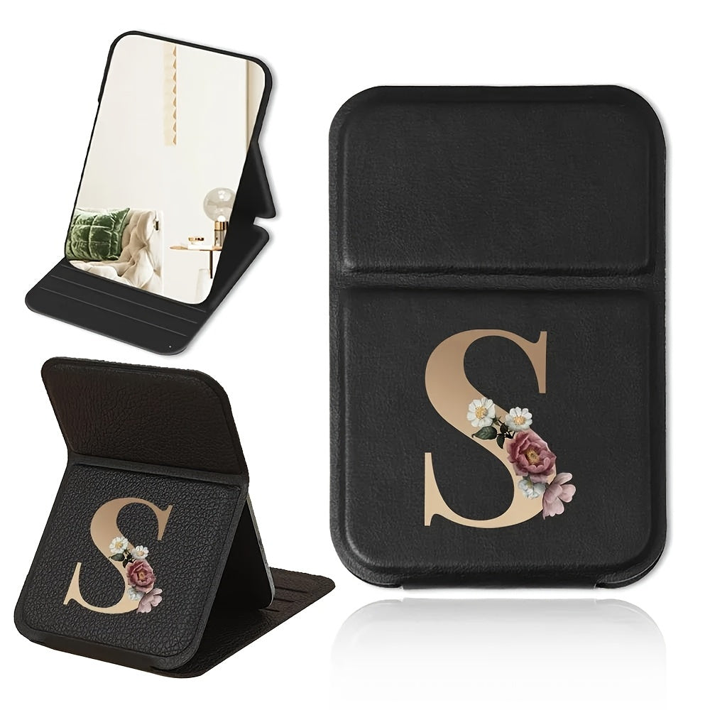 Miroir de maquillage pliable portable, design floral noir et doré, léger, étanche et anti-poussière, parfait cadeau pour enseignants et proches.