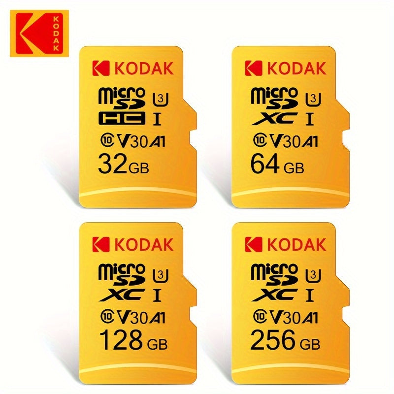 Carte Mémoire Kodak Micro TF U3 : Capacités 32 à 256 Go avec adaptateur SD, UHS-I haute vitesse, idéale 4K/120fps, compatible smartphones et caméras.