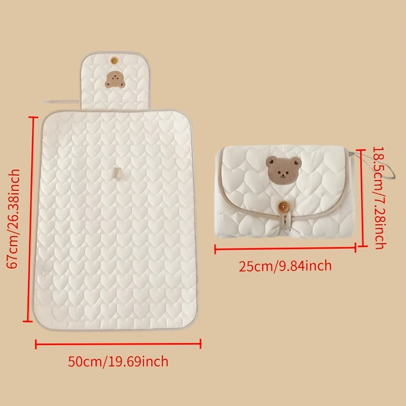 Cream Bear-Patterned Portable Diaper Changing Pad - Foldable, Breathable Polyester with Adjustable Strap for Travel &amp; Short Trips, Short Trip Essentials | Foldable Pad | Secure Closure, Diaper Pouch