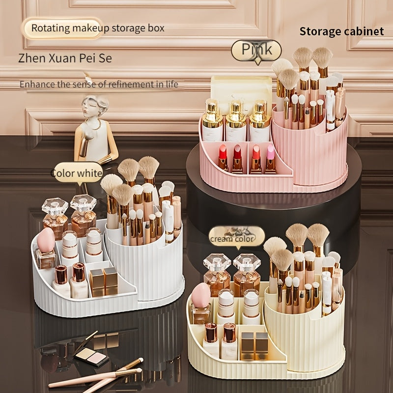Organisateur maquillage 360° rotatif, plastique durable, rangement pinceaux, rouges à lèvres, soins et papeterie, design élégant blanc, gain de place.