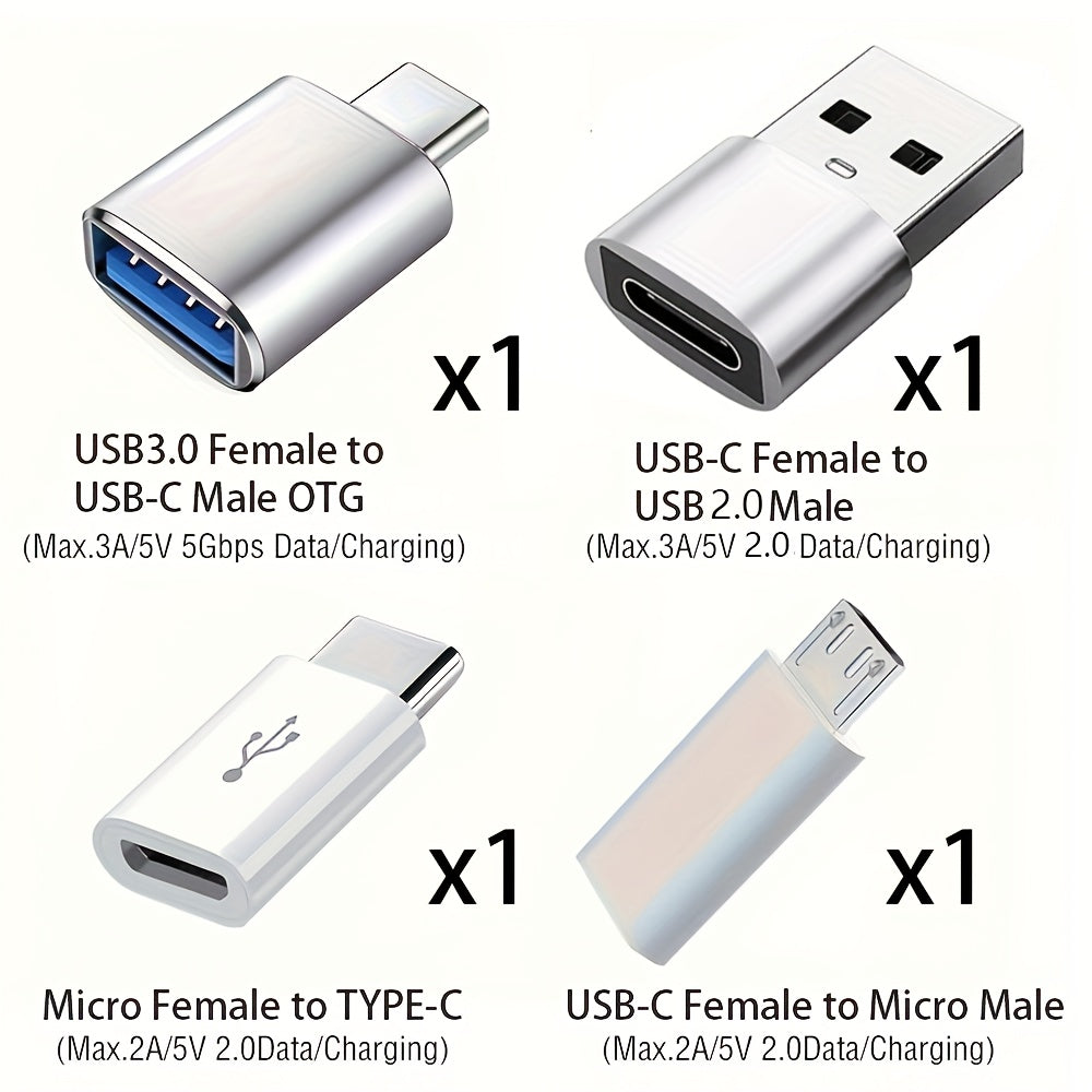 Lot de 8 adaptateurs USB-C vers USB-A et Micro USB vers Type-C, pour charge rapide et transfert de données, connecteurs fiables et polyvalents.