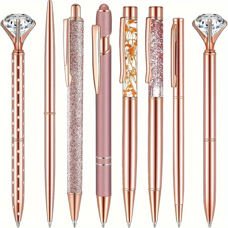 Lot de 8 stylos métalliques rose doré, décor cristaux colorés, élégants, parfaits pour étudiants, bureau, cadeaux et mariages.
