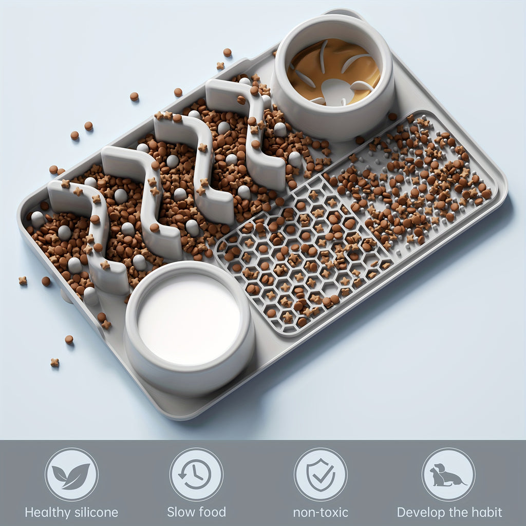 Bol antistress en silicone pour chiens et chats. Bol à quatre sections pour manger lentement, design vague mignon, aide à réduire l'anxiété.