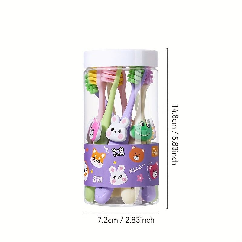 Lot de 8 brosses à dents enfants, poils doux, protection des gencives, designs colorés avec animaux, idéales pour l’apprentissage du brossage.