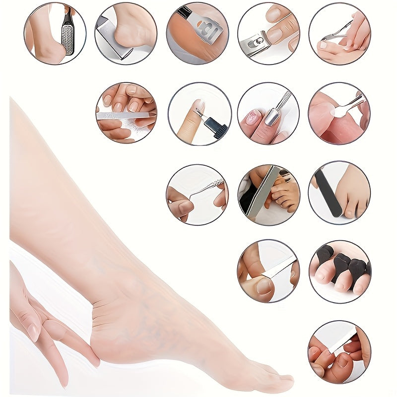 Set pédicure 47 pièces rose avec étui, soins professionnels, 20 lames remplaçables, pousse-cuticules, râpe callosités, acier inoxydable, plastique sans parfum, voyage.