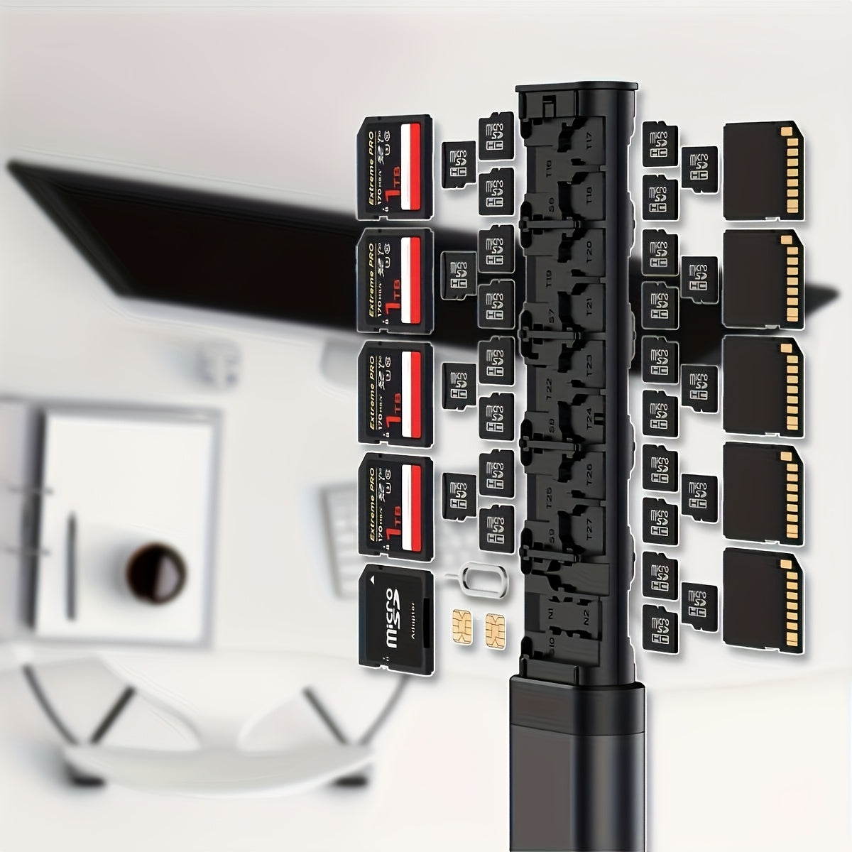 Boîtier métallique ultra-résistant pour cartes mémoire, sécurisé, compatible 27 Micro SD et 6 SD, antichoc, idéal pour organiser et protéger matériel photo.