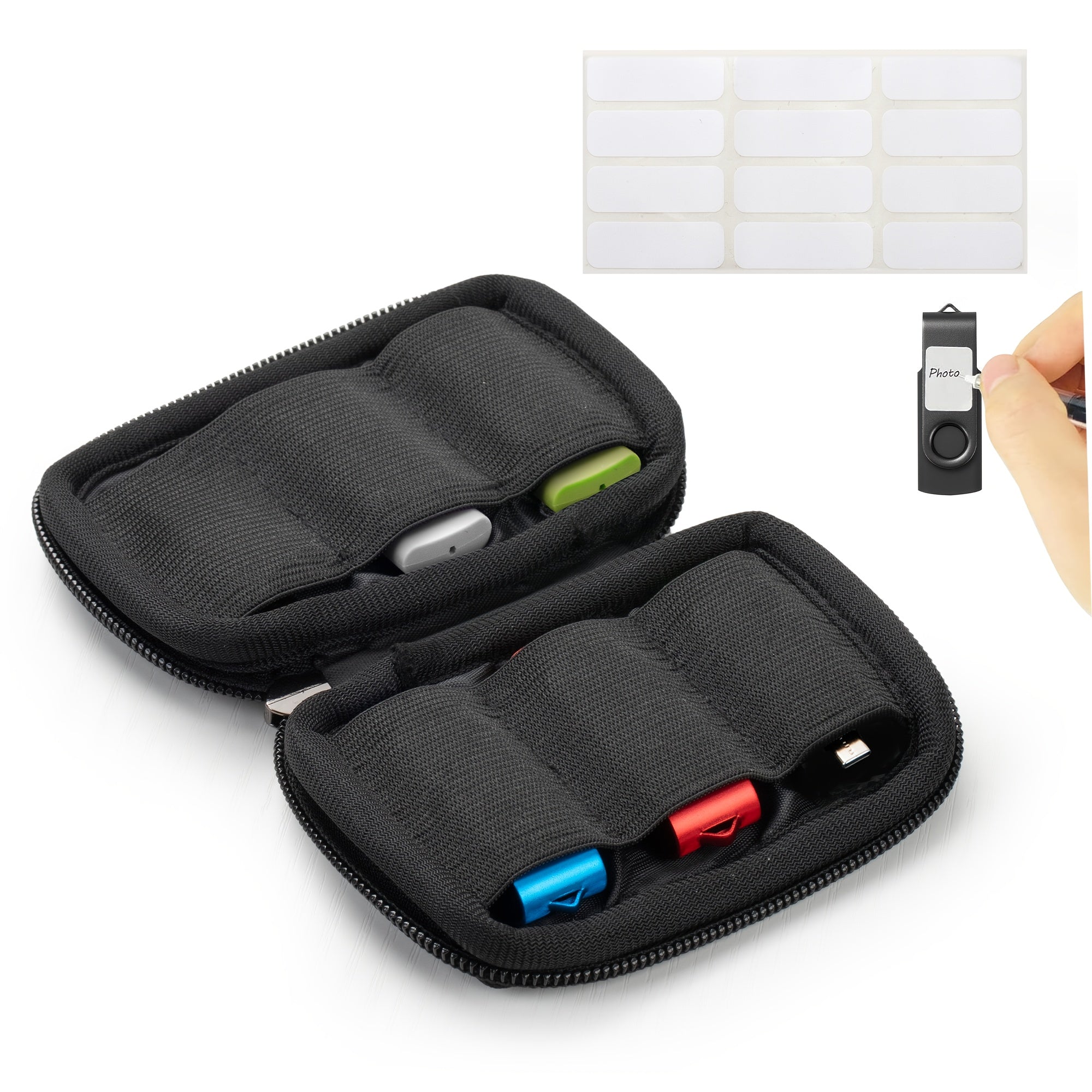 Lot de 5 clés USB (128 MB à 32 GB) avec 2 adaptateurs USB-C et étui souple, stockage et sauvegarde, compatible Android, iPhone 15/16 et ordinateurs.