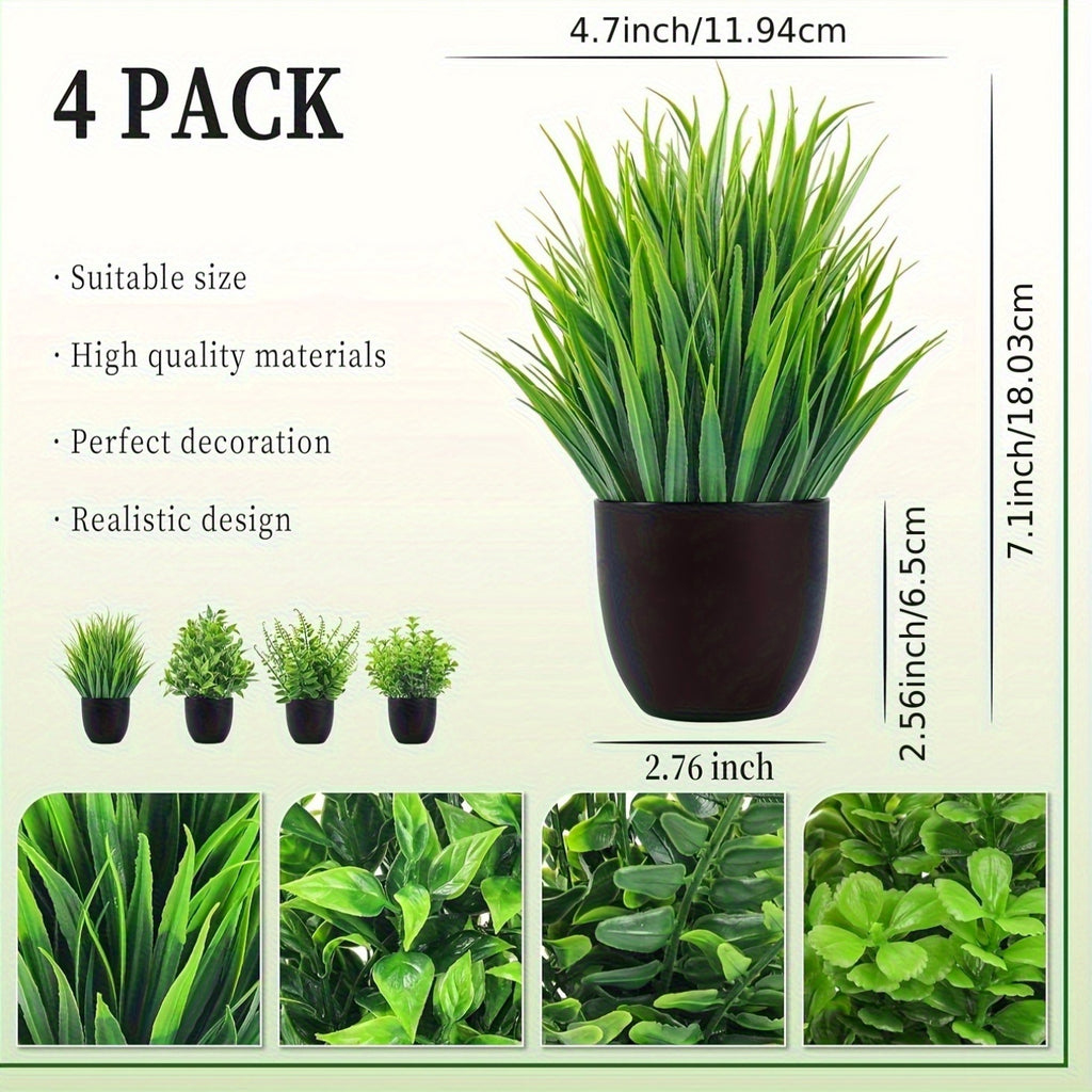 Lot de 4 mini-plantes artificielles en pot. Parfaites pour la décoration de bureau, chambre à coucher et salon.