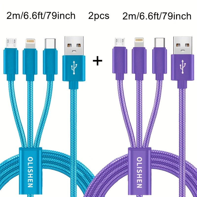 2pcs 3-in-1 Fast Charging Cable | Durable Nylon Braided, Compatible with iPhone, Samsung, Xiaomi, Oppo, Vivo, Redmi, OnePlus & More, Supports USB Charging, 10W Output Power