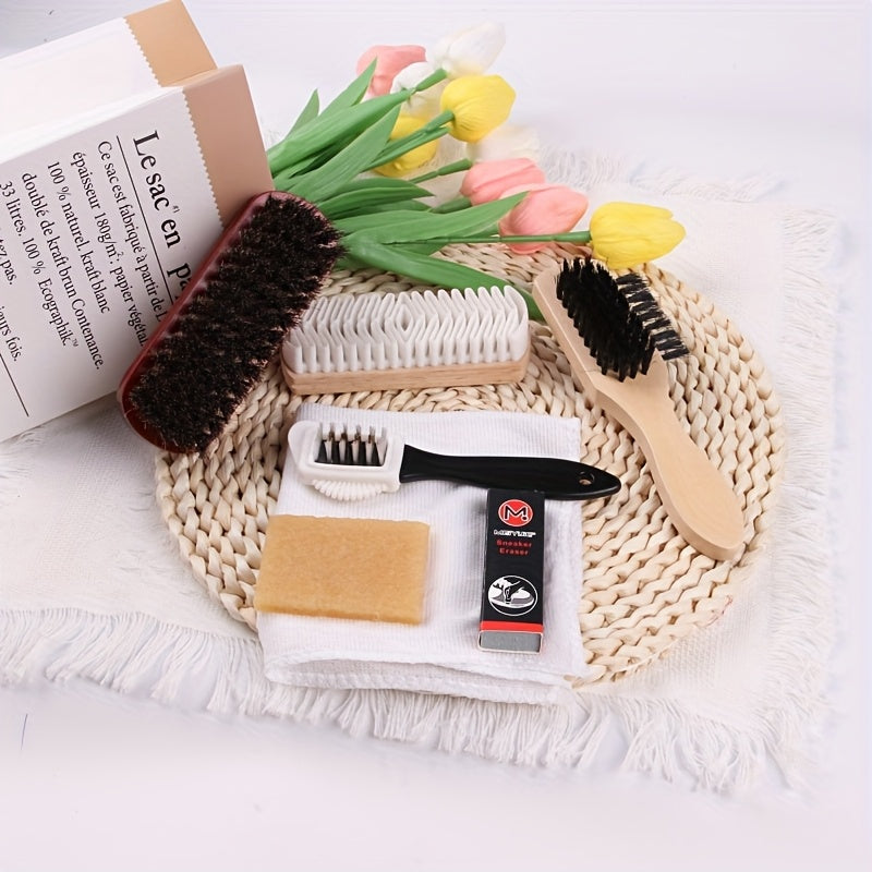 7pcs Variety Shoe Brush Kit - Double-Sided Shoe Polish Applicator &amp; Horse Hair Brushes for Polishing - Nubuck &amp; Suede Brush for Shoes, Soft Leather Cleaning with Microfiber Cloth