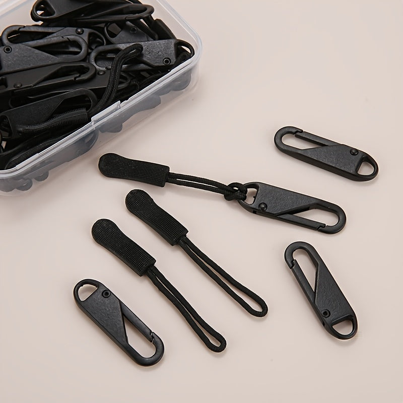 Lot de 41 tirettes de fermeture éclair noires, doubles faces, avec curseur détachable, idéales pour bagages, vêtements, sacs et accessoires outdoor.
