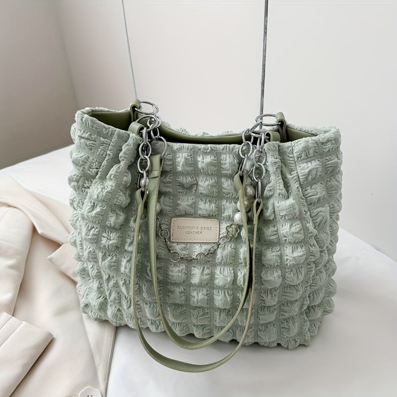 1pc Summer Sweet Clouds Tote Bag, Large Capacity Nylon Shoulder Bag for Women, Soft Handbag with Zipper Closure, 4 Colors (White/Pink/Green/Black), City Theme, Polyester Lining, Perfect for Commuting &amp; Outings