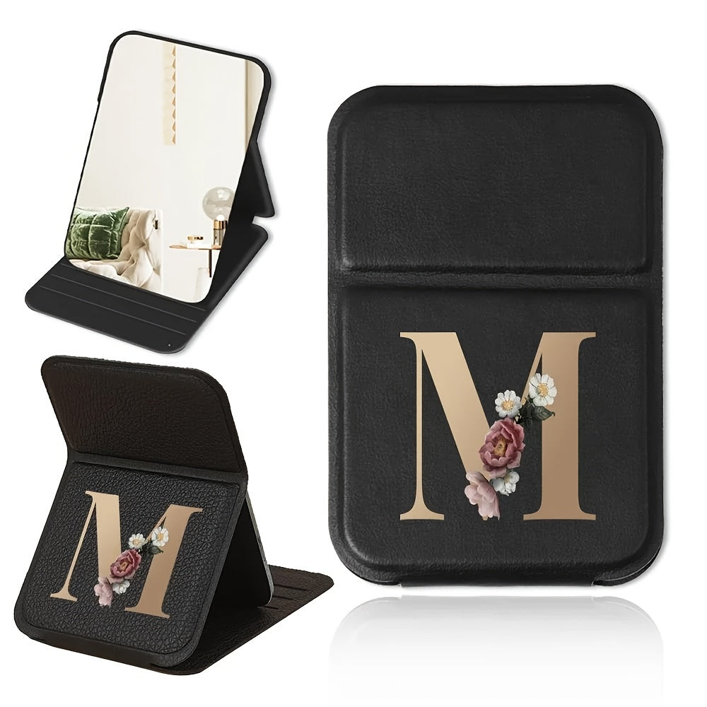Miroir de maquillage pliable portable, design floral noir et doré, léger, étanche et anti-poussière, parfait cadeau pour enseignants et proches.