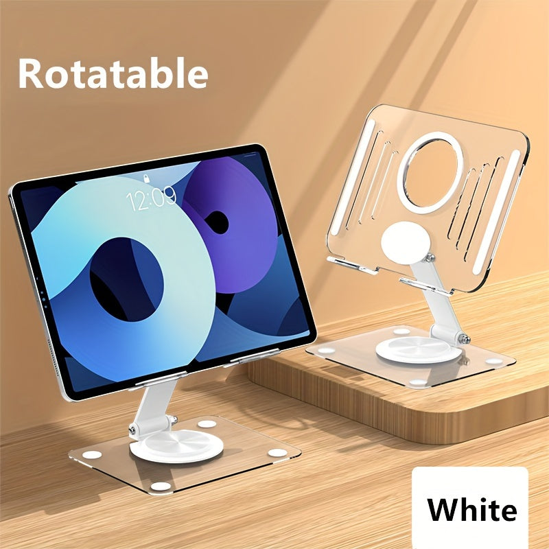 Support acrylique rotatif 360° pour tablette et ordinateur, réglable et pliable, ergonomique, avec dissipation de chaleur, idéal lecture, jeux ou visioconférences.