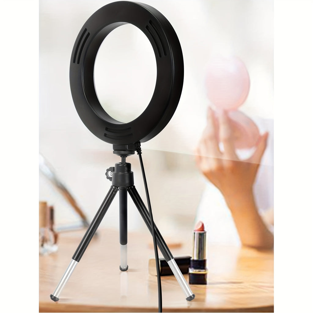 Anneau lumineux rotatif 360°, idéal streaming, maquillage et lampe de bureau, alimentation USB, trépied extensible, compatible avec la plupart des appareils.
