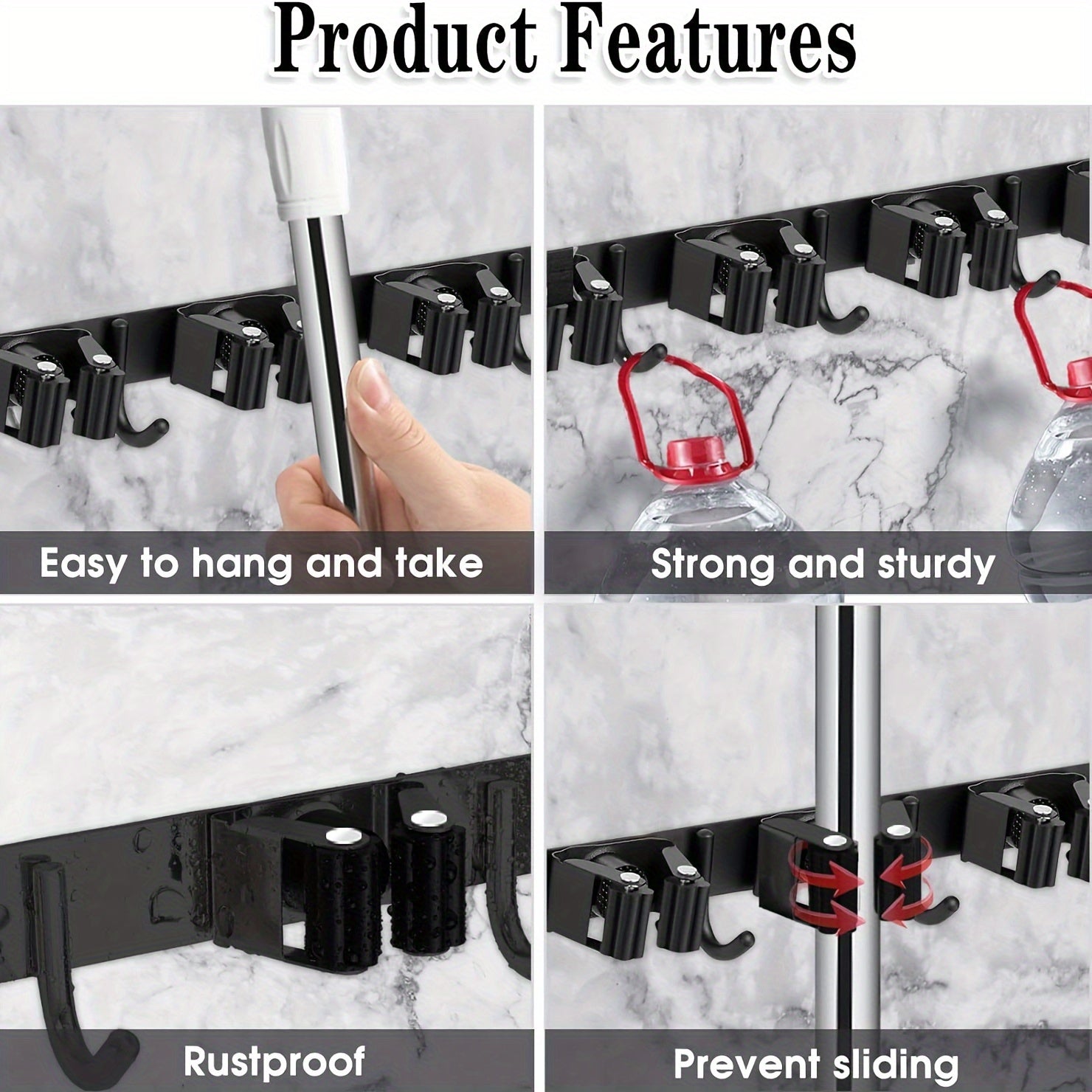 Organisateur mural en acier inoxydable, 4 emplacements et 5 crochets, rangement polyvalent pour outils jardin, balais, garage, robuste et gain de place.