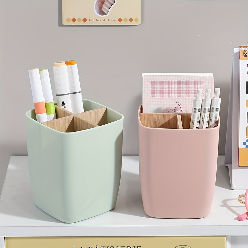 1pc Bamboo-Like Plastic Desk Organizer with Pen Holder &amp; Jewelry Storage - 3/4 Compartment Standalone Multi-Purpose Box for Office, Bathroom, Bedroom - Storage Shelf for Earrings, Rings, Makeup, Small Items (Low, Desk &amp; Drawe