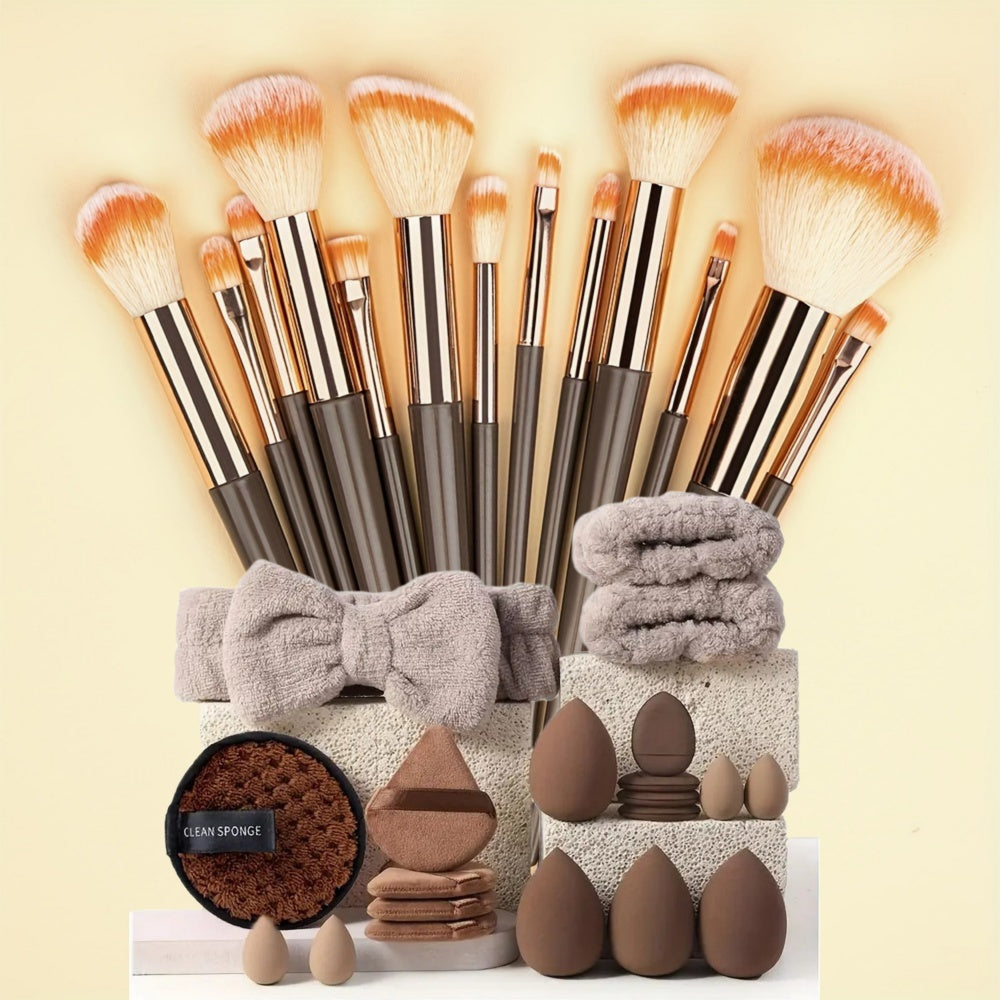 13/20/33pcs Professional Makeup Brush Set with Accessories Kit Includes High-Quality Nylon Bristled Brushes, Headband, Wristbands, Makeup Remover Puff, Triangular Velvety Puffs, Finger Puffs, Large &amp; Small Beauty Sponges ABS